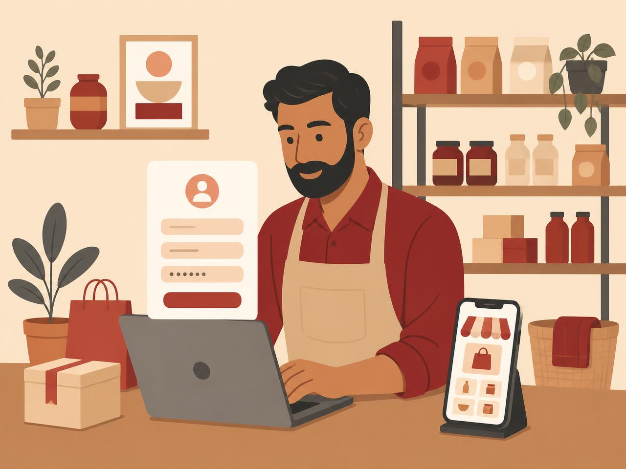 Illustration of a retail store owner signing up and onboarding onto a custom app