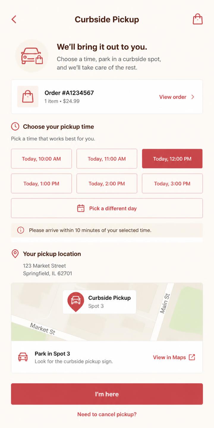 Curbside pickup scheduling app screen